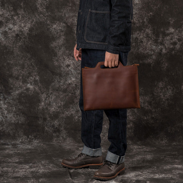 Brown Leather Mens Briefcase Brown Work Handbag 13 inches Laptop Business Bag For Men