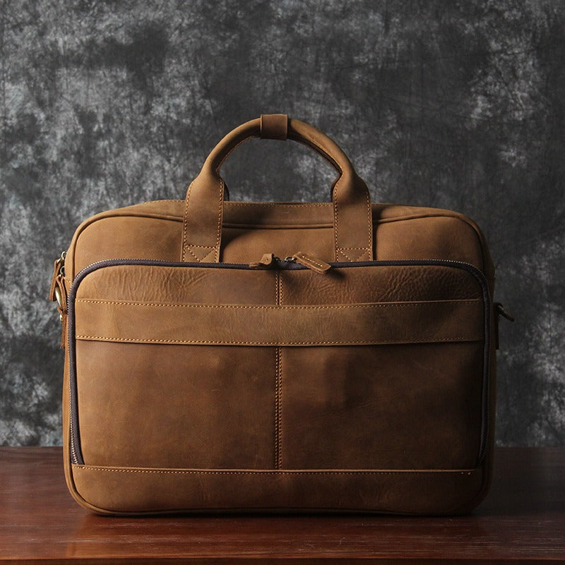 Brown Leather Mens Briefcase Brown Work Handbag 14 inches Laptop Business Bags For Men