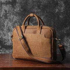 Brown Leather Mens Briefcase Brown Work Handbags 14 inches Laptop Business Bag For Men