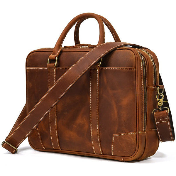 Brown Leather Mens Briefcase Work Briefcase Business Handbag 14'' Laptop Briefcase For Men