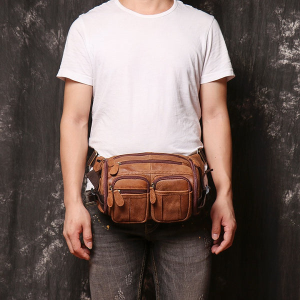 Brown Leather Mens Fanny Packs Barrel Bum Bags Large Waist Bag for Men