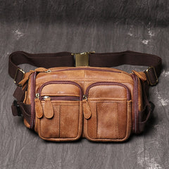 Brown Leather Mens Fanny Packs Barrel Bum Bags Large Waist Bag for Men