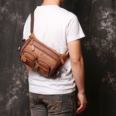 Brown Leather Mens Fanny Packs Barrel Bum Bags Large Waist Bag for Men