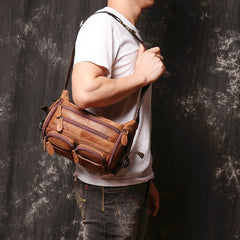 Brown Leather Mens Fanny Packs Barrel Bum Bags Large Waist Bag for Men