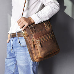 Vintage Brown Leather Mens Vertical Work Bag Handbag Vertical Briefcase Shoulder Bag For Men - iwalletsmen