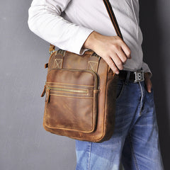 Vintage Brown Leather Mens Vertical Work Bag Handbag Vertical Briefcase Shoulder Bag For Men - iwalletsmen