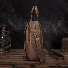 Leather Mens Vertical Work Bag Handbag Brown Vertical Small Briefcase Shoulder Bag For Men - iwalletsmen