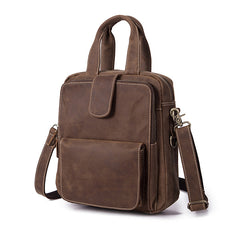 Leather Mens Vertical Work Bag Handbag Brown Vertical Small Briefcase Shoulder Bag For Men - iwalletsmen