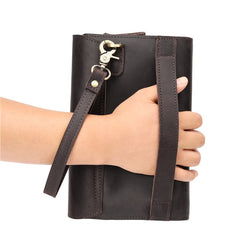 Coffee Leather Mens Large Clutch Wallet Wristlet Wallet Brown Long Wallet for Men