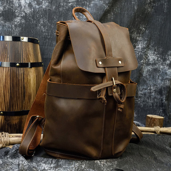 Brown Leather Mens Satchel Backpack 14'' Laptop Rucksack Cool School Backpack For Men