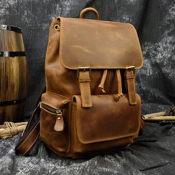 Brown Leather Mens Satchel Backpack 15'' Laptop Rucksack Vintage School Backpack For Men