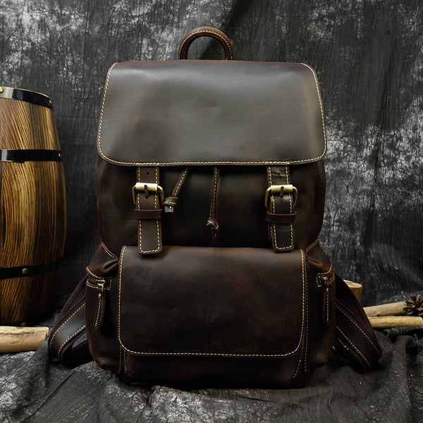 Coffee Leather Mens Satchel Backpack 15'' Laptop Rucksack Vintage School Backpack For Men