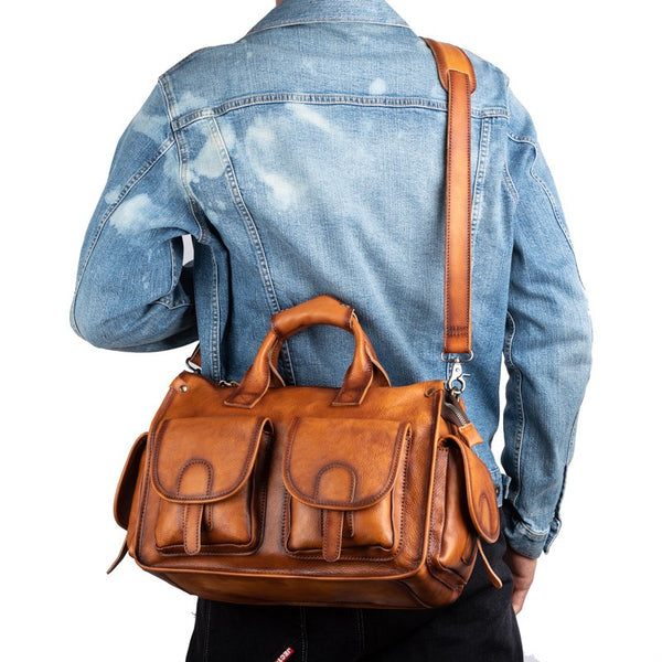 Brown Leather Mens Travel Handbag Work Handbag Business Travel Shoulder Bags for Men