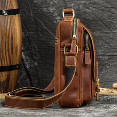 Coffee Leather Mens Vertical Messenger Bag iPad Side Bag Small Courier Bag For Men