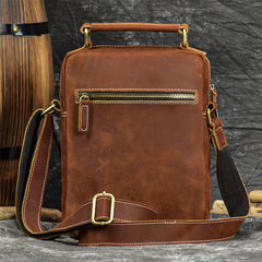 Coffee Leather Mens Vertical Messenger Bag iPad Side Bag Small Courier Bag For Men