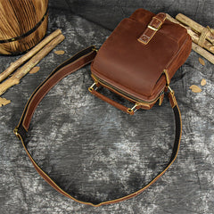 Coffee Leather Mens Vertical Messenger Bag iPad Side Bag Small Courier Bag For Men