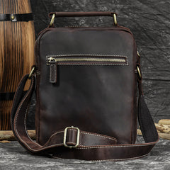 Coffee Leather Mens Vertical Messenger Bag iPad Side Bag Small Courier Bag For Men