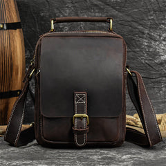 Coffee Leather Mens Vertical Messenger Bag iPad Side Bag Small Courier Bag For Men