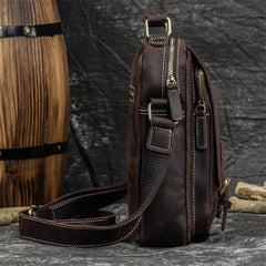Coffee Leather Mens Vertical Messenger Bag iPad Side Bag Small Courier Bag For Men