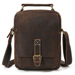 Coffee Leather Mens Vertical Messenger Bag iPad Side Bag Small Courier Bag For Men