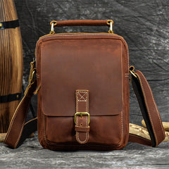 Coffee Leather Mens Vertical Messenger Bag iPad Side Bag Small Courier Bag For Men