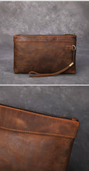 Brown Leather Mens Wristlet Wallet Vintage Clutch Wallet Zipper Wallet Clutch for Men