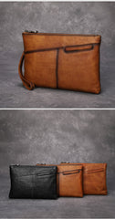 Black Leather Mens Wristlet Wallet Vintage Clutch Bag Zipper Clutch Purse for Men