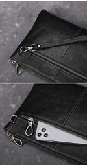 Black Leather Mens Wristlet Wallet Vintage Clutch Bag Zipper Clutch Purse for Men