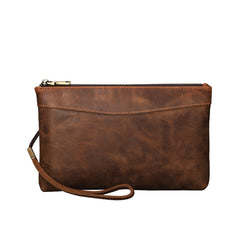 Brown Leather Mens Wristlet Wallet Vintage Clutch Wallet Zipper Wallet Clutch for Men