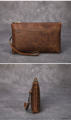 Brown Leather Mens Wristlet Wallet Vintage Clutch Wallet Zipper Wallet Clutch for Men