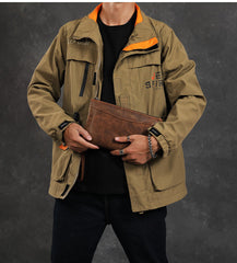 Brown Leather Mens Wristlet Wallet Vintage Clutch Wallet Zipper Wallet Clutch for Men