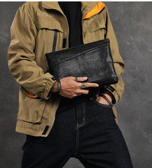 Black Leather Mens Wristlet Wallet Vintage Clutch Bag Zipper Clutch Purse for Men