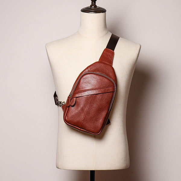 Brown Leather Sling Bag Men's Sling Backpack Brown Chest Bag One shoulder Backpack For Men