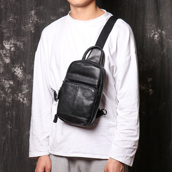 Black Leather Sling Pack Sling Bag Chest Bags Sling Crossbody Pack Travel Bags For Men