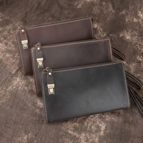 Brown MENS LEATHER Wristlet Wallet SLIM ZIPPER CLUTCH WRISTLET PURSE BAG CLUTCH BAG FOR MEN - iwalletsmen
