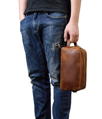 Brown MENS LEATHER ZIPPER CLUTCH WRISTLET PURSE CLUTCH BAG STORAGE BAG FOR MEN - iwalletsmen