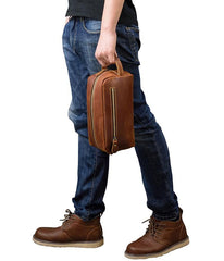 Brown MENS LEATHER ZIPPER CLUTCH WRISTLET PURSE CLUTCH BAG STORAGE BAG FOR MEN - iwalletsmen