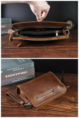 Vintage Brown Mens Clutch Wallet Leather Zipper Clutch Wristlet Purse Bag Clutch Bags For Men - iwalletsmen