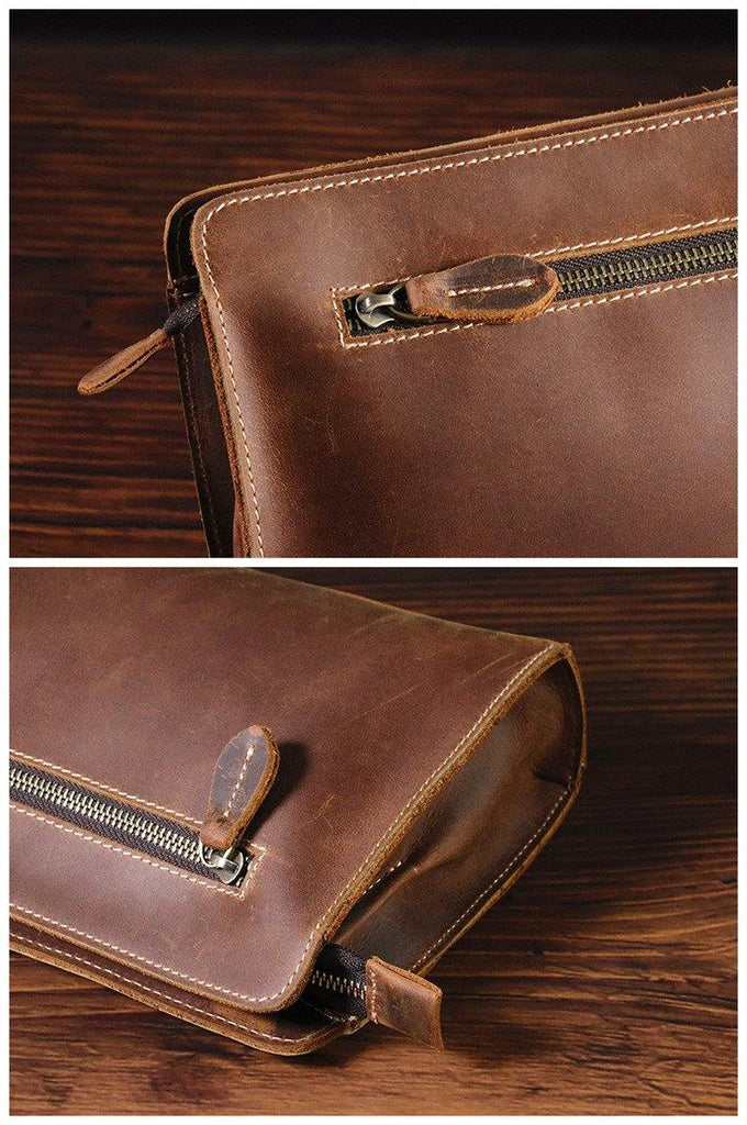 Brown MENS LEATHER SLIM ZIPPER CLUTCH WRISTLET PURSE CLUTCH BAGs FOR M