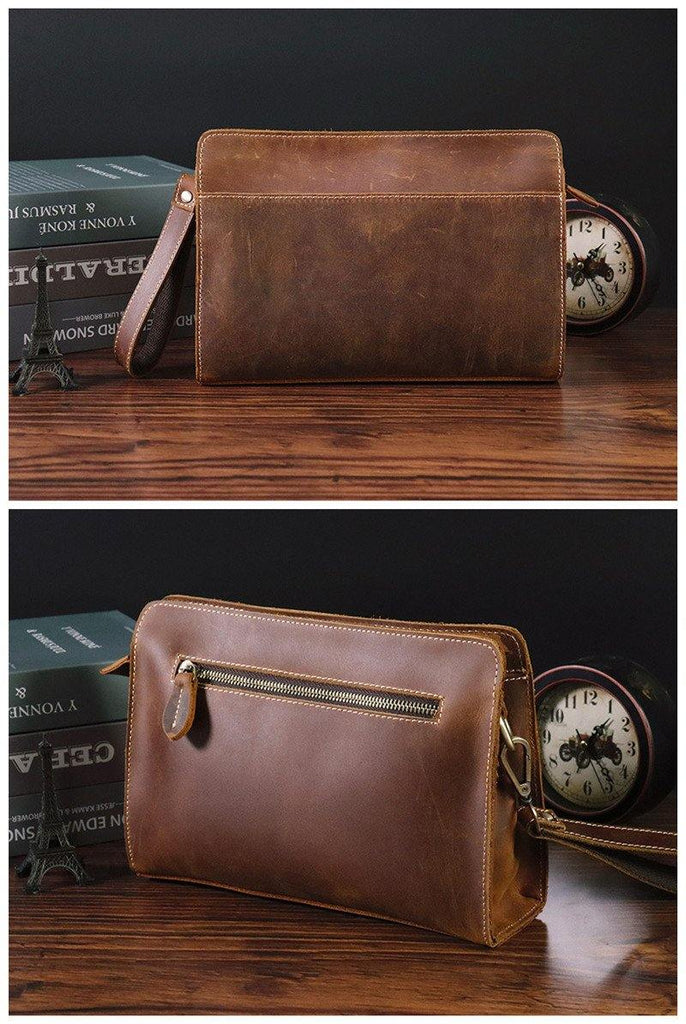 Brown MENS LEATHER SLIM ZIPPER CLUTCH WRISTLET PURSE CLUTCH BAGs FOR M