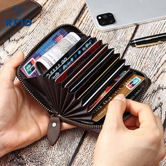 Brown Mens Zip Card Holder RFID Wallet Zip Minimalist Card Wallet For Men