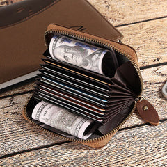 Brown Mens Zip Card Holder RFID Wallet Zip Minimalist Card Wallet For Men
