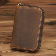 Brown Mens Zip Card Holder Wallet Around Zip Minimalist Card Wallet For Men