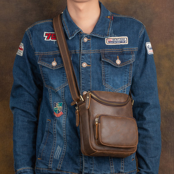 Brown Small Leather Men's Vertical Side Bag Best Vertical iPad Messenger Bag For Men