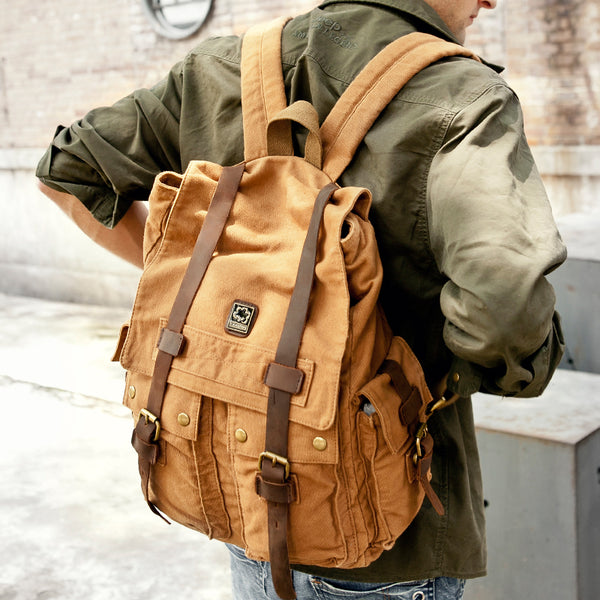 Brown CANVAS Mens Fashion Khaki 16'' Large Travel Bag College Backpack Hiking Backpack For Men - iwalletsmen