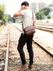 Casual Dark Brown Leather 8 inches Small Messenger Bag Side Bag Postman Bag for Men - iwalletsmen