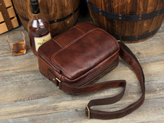 Casual Dark Brown Leather 8 inches Small Messenger Bag Side Bag Postman Bag for Men - iwalletsmen