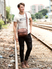 Casual Dark Brown Leather 8 inches Small Messenger Bag Side Bag Postman Bag for Men - iwalletsmen