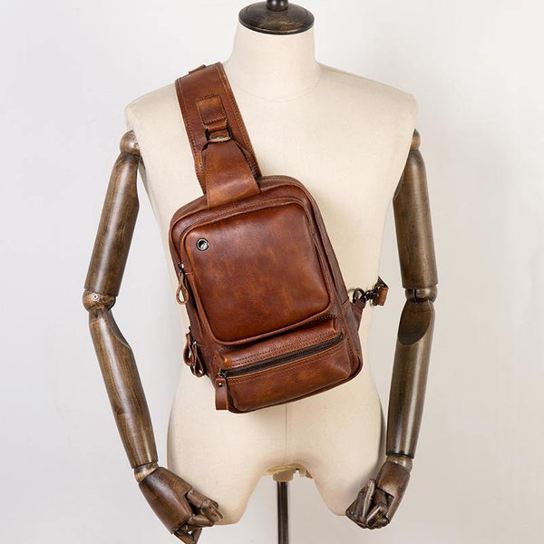 Casual Brown Leather Mens Sling Pack Sling Bag Chest Bag One Shoulder Backpack for Men - iwalletsmen