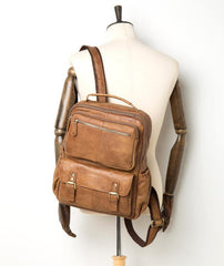 Casual Brown Leather Mens 14 inches Travel School Backpacks Computer Backpack for Men - iwalletsmen